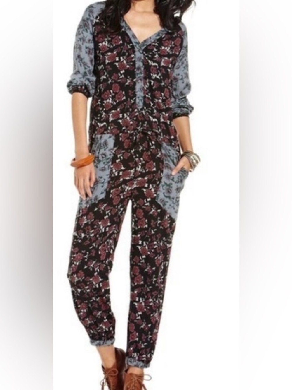 Free People Sheila Patchwork Black Floral Jumpsuit, Size Small - Picture 2 of 7